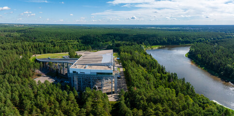 Fototapeta na wymiar Aerial view of Druskininkai SPA resort indoor largest snow arena in Lithuania