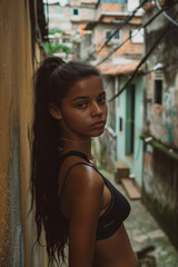 Fototapeta na wymiar Teen with long hair in a narrow favela alley, her intense gaze capturing a mood of quiet strength.