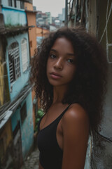 Young woman with voluminous curly hair leaning against a graffitied wall in a favela alleyway.