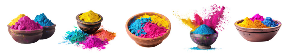 Close-up set of bowls with bright colorful powder. Colorful holi powder in a bowl, cut out - stock png. - obrazy, fototapety, plakaty