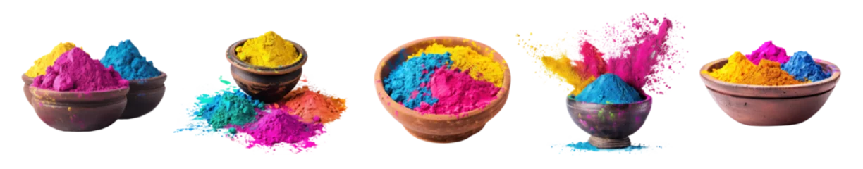 Fotobehang Close-up set of bowls with bright colorful powder. Colorful holi powder in a bowl, cut out - stock png. © Volodymyr