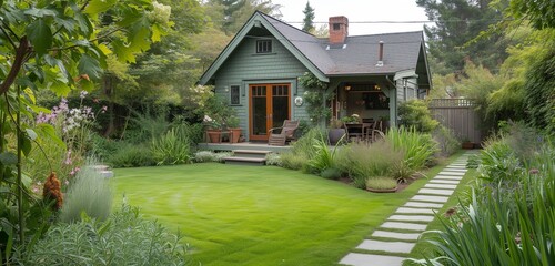 Mint-green craftsman cottage, lush backyard, small herb garden.