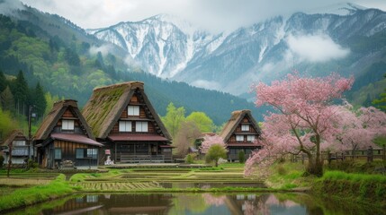Fototapeta premium blooming pink cherry blossom trees and traditional japanese house style at countryside of Japan.
