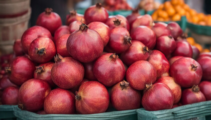 Pomegranate. Ripe red pomegranate. A bunch of fruits in a street stall. Selective focus. AI generated