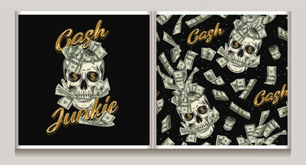 Pattern, label with skull, 100 dollar bills between teeth, golden text, flying apart stacks, dollar notes. Concept of making money, wealth, success, love of money, addiction. Not AI