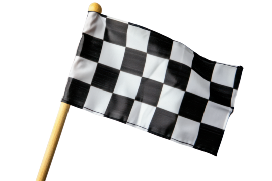 Black and white checkered flag with wooden stick, cut out - stock png. - Powered by Adobe