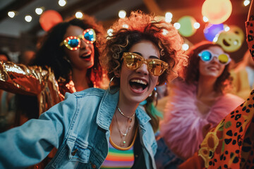 Obraz premium group of friends dancing in silly costumes at a costume party