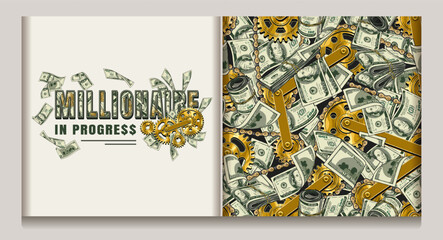 Pattern, horizontal label with cash money, 100 US dollar bills, gold gear mechanism, bike chain. Creative concept of making money. For prints, clothing, apparel, surface design. Not AI