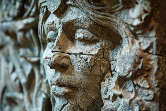 Imagine a relief sculpture inspired by ancient ruins, with weathered textures and intricate carvings