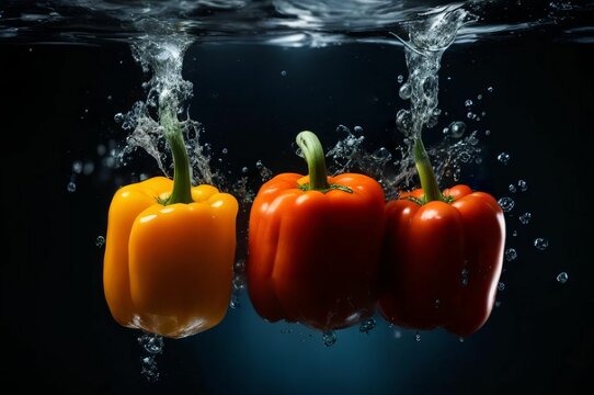 Three peppers in water with splashes on black background
