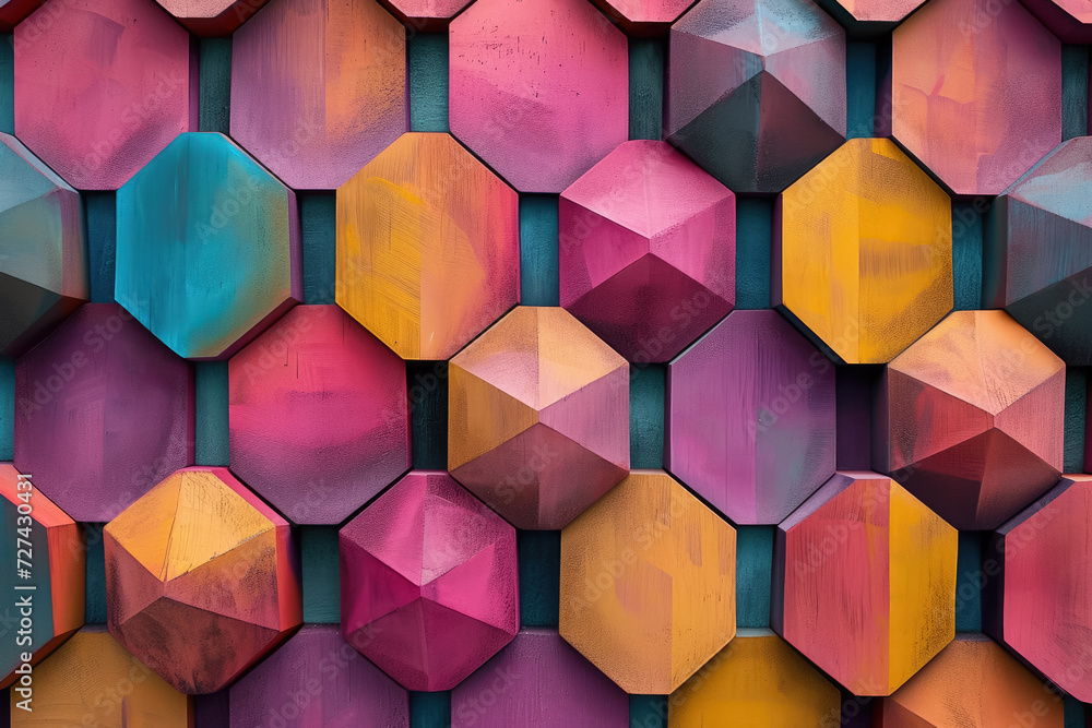 Aufkleber generate a pattern of interlocking hexagons, each with unique colors and textures