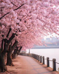 A Row of Cherry Blossom Trees Next to a Body of Water