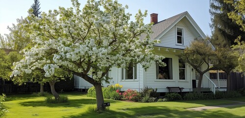 Pearl-white craftsman cottage, backyard orchard, fruit trees in bloom.