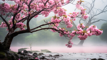Tree With Pink Flowers in a Foggy Forest