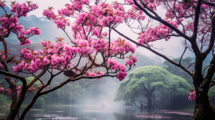 Painting of Pink Flowers on Tree Near a Body of Water