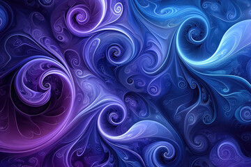 Design an abstract pattern with swirls and spirals in shades of blue and purple