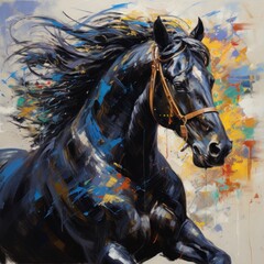 A Painting of a Black Horse on a White Background