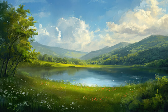 Generate a mesmerizing landscape with rolling hills and a serene lake in the foreground