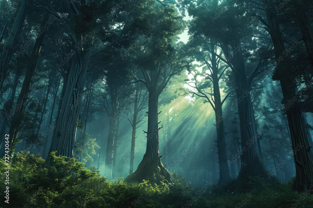 Poster design a mystical forest with towering trees and a foggy atmosphere