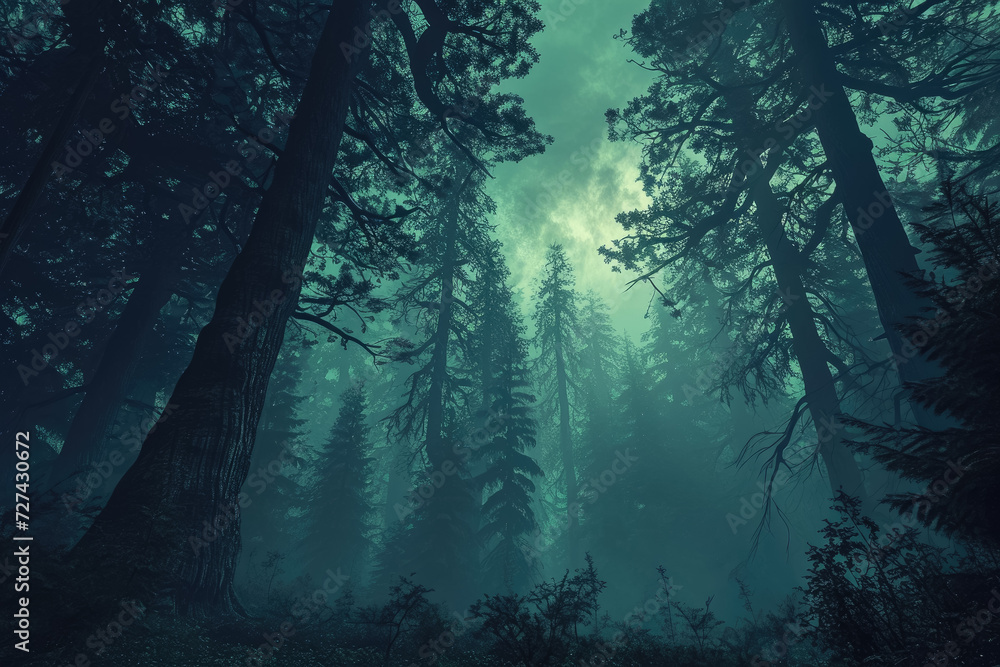 Aufkleber design a mystical forest with towering trees and a foggy atmosphere