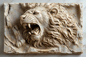 Design a relief sculpture depicting a roaring lion, with intricate details of fur and muscles