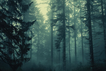 Design a mystical forest with towering trees and a foggy atmosphere