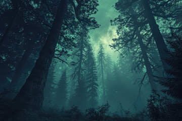 Obraz premium Design a mystical forest with towering trees and a foggy atmosphere