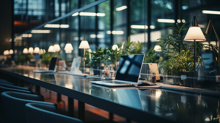 Office interior with glass tables and laptops on them. Concept of business in stylish office