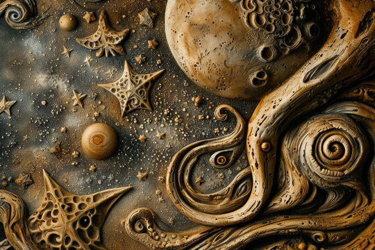 Design a relief sculpture depicting a celestial scene, with intricate details of stars and galaxies.