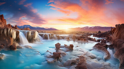 Fototapeta premium Painting of a Waterfall With a Sunset in the Background