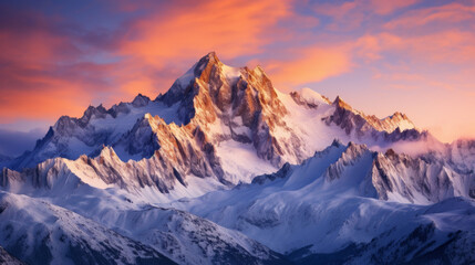 Majestic Mountain Range Blanketed in Snow Under a Pink Sky