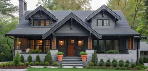 Quartzite-gray craftsman cottage with terracotta planters .