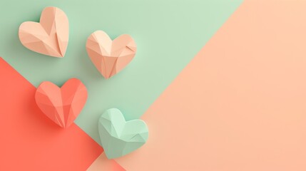 Minimalist pastel peach and mint background with stylish geometric hearts