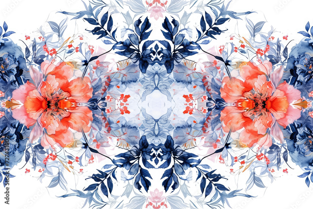 Poster create a symmetrical pattern of floral motifs, with delicate textures.