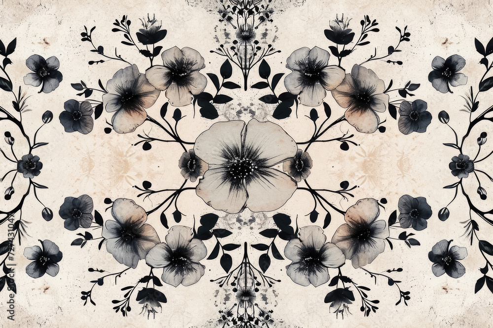 Poster create a symmetrical pattern of floral motifs, with delicate textures