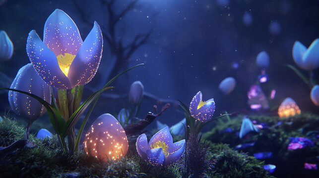 A cosmic Easter garden, where celestial flowers bloom, revealing luminous eggs as they unfurl their petals under the gentle touch of moonlight. 8k, 16k, full ultra hd, high resolution