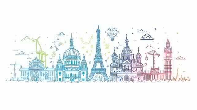 Outline Famous Landmarks in Europe. Vector Illustration. Business Travel and Tourism Concept. Image for Presentation, Banner, Placard and Web Site