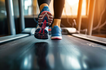 person running on a treadmill with a heart rate monitor and headphones