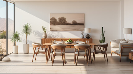 Set of dark wooden furniture in the beige color dining room. Concept of design and stylish light...