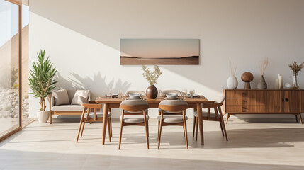 Set of dark wooden furniture in the beige color dining room. Concept of design and stylish light...