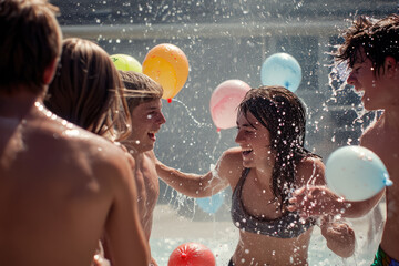 group of friends having a water balloon fight on a hot summer day