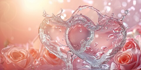 Romantic water splash forming two hearts, intermingling over a soft pink rose-filled backdrop