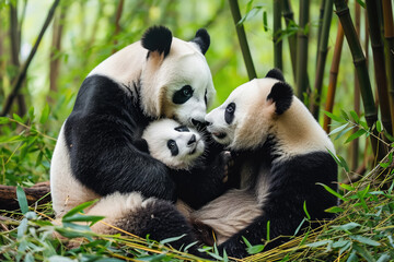 Fototapeta premium family of pandas playing together in a bamboo forest