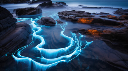 A Long Exposure of a Stream of Light on a Rocky Beach - Powered by Adobe