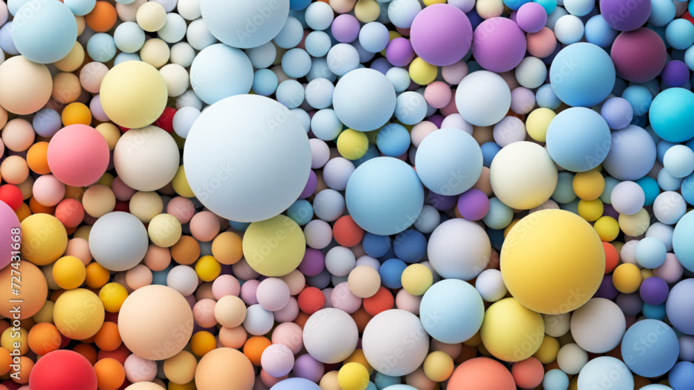 Poster colorful matte soft balls in bright summer tones and different sizes. background with many colored b