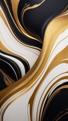 abstract background with waves. Minimalistic abstract painting in black, white oil paints, with gold, silver threads, flowing waves intertwining with each other, smooth glossy wallpaper background