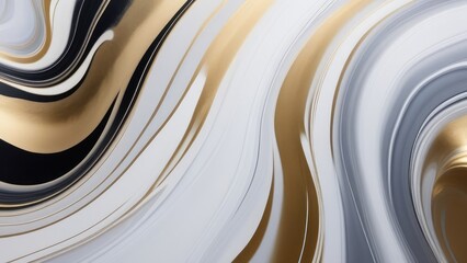 abstract background with waves. Minimalistic abstract painting in black and white with golden oil paints, flowing waves intertwining with each other, smooth glossy, dreamy wallpaper background