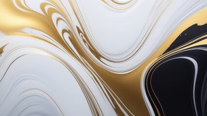 abstract background with waves. Minimalistic abstract painting in black, white oil paints, with gold, silver threads, flowing waves intertwining with each other, smooth glossy wallpaper background