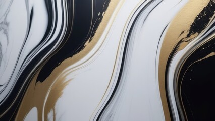 abstract background with waves. Minimalistic abstract painting in black and white with golden oil paints, flowing waves intertwining with each other, smooth glossy, dreamy wallpaper background