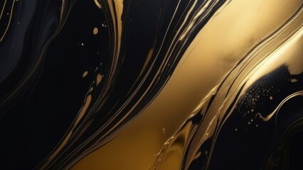 abstract background with waves. Minimalistic abstract painting with black and gold oil paints in flowing waves intertwining with each other, smooth glossy, luxurious wallpaper background